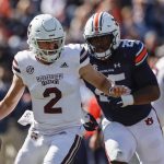 
              Mississippi State quarterback Will Rogers (2) scrambles away from the pressure of Auburn defensive end Colby Wooden (25) during the first half of an NCAA college football game Saturday, Nov. 13, 2021, in Auburn, Ala. (AP Photo/Butch Dill)
            