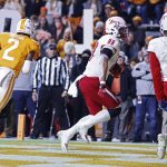 
              South Alabama tight end Lincoln Sefcik (88) runs into the end zone for a touchdown in front of Tennessee defensive back Alontae Taylor (2) during the first half of an NCAA college football game Saturday, Nov. 20, 2021, in Knoxville, Tenn. (AP Photo/Wade Payne)
            