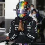 
              Mercedes driver Lewis Hamilton of Britain reacts after qualifying session qualifying session in Lusail, Qatar, Saturday, Nov. 20, 2021 ahead of the Qatar Formula One Grand Prix. (Hamad I Mohammed, Pool via AP)
            