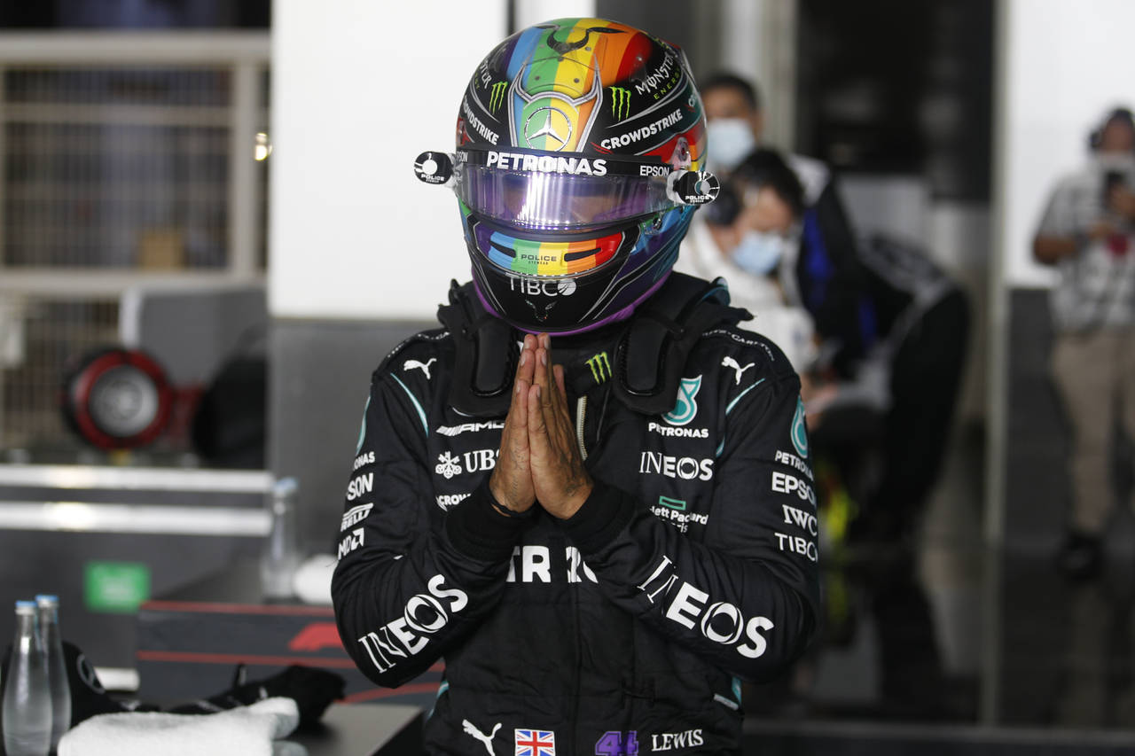 Mercedes driver Lewis Hamilton of Britain reacts after qualifying session qualifying session in Lus...