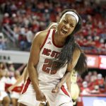 
              North Carolina State's Kayla Jones (25) reacts to her basket during the second half of an NCAA college basketball game against Wofford, Friday Nov. 12, 2021, in Raleigh, N.C. (AP Photo/Lynn Hey)
            