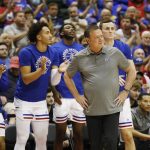 
              Kansas head coach Bill Self looks on during the first half of a NCAA college basketball game against North Texas on Thursday, Nov. 25, 2021, in Orlando, Fla. (AP Photo/Jacob M. Langston)
            