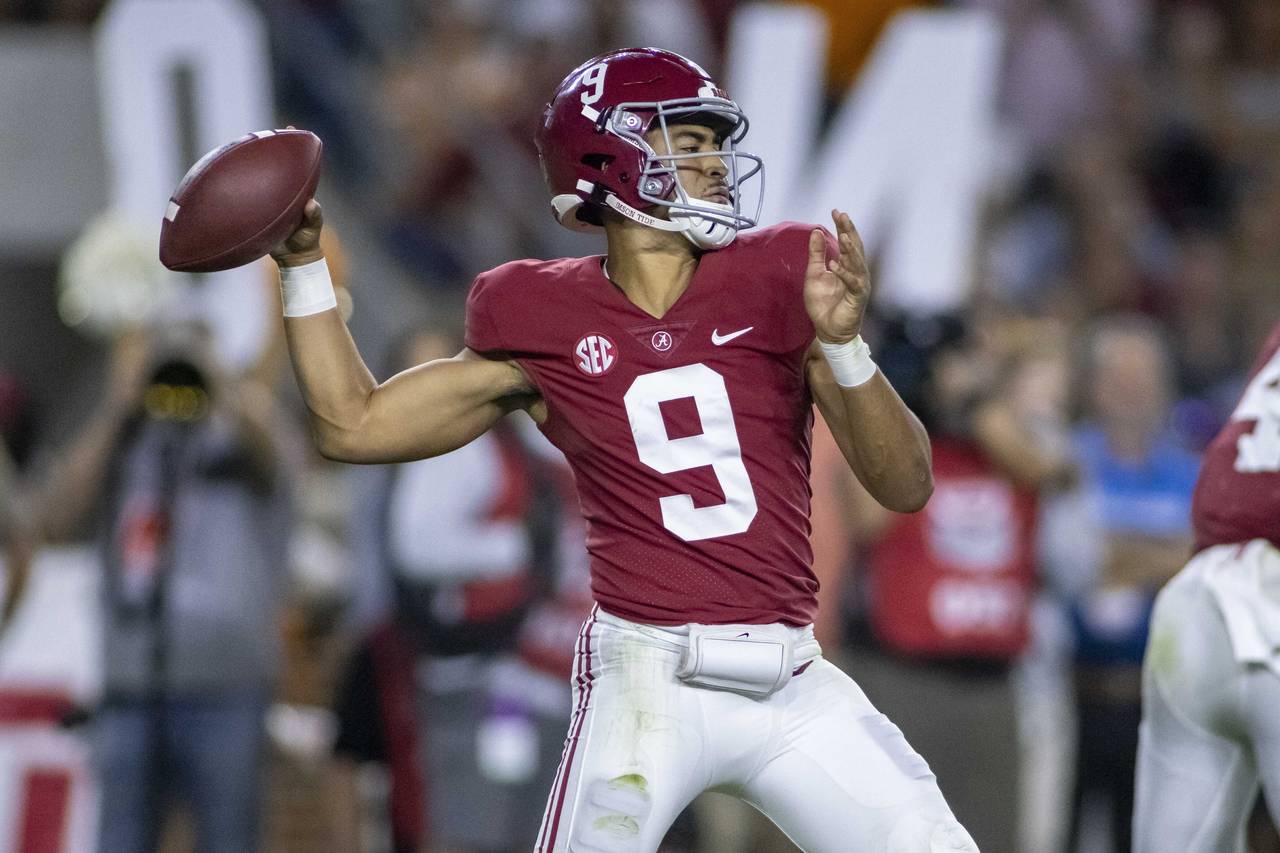 Alabama quarterback Bryce Young throws during the second half of the team's NCAA college football g...