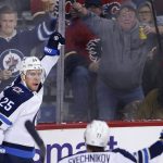 
              Winnipeg Jets' Paul Stastny celebrates his goal against the Calgary Flames with Evgeny Svechnikov during the second period of an NHL hockey game Saturday, Nov. 27, 2021, in Calgary, Alberta. (Larry MacDougal/The Canadian Press via AP)
            