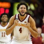 
              Iowa State forward George Conditt IV (4) celebrates during a timeout in the second half of an NCAA college basketball game against Oregon State, Friday, Nov. 12, 2021, in Ames, Iowa. (AP Photo/Charlie Neibergall)
            