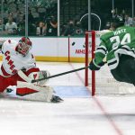 
              Carolina Hurricanes goaltender Frederik Andersen (31) reacts as Dallas Stars left wing Roope Hintz (24) scores a goal in the first period of an NHL hockey game Tuesday, Nov. 30, 2021, in Dallas. (AP Photo/Richard W. Rodriguez)
            