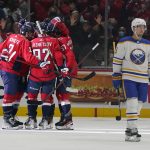 
              Members of the Washington Capitals celebrate Tom Wilson's goal in front of Buffalo Sabres defenseman Casey Nelson, right, in the first period of an NHL hockey game, Monday, Nov. 8, 2021, in Washington. (AP Photo/Patrick Semansky)
            
