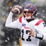 
              Montreal Alouettes quarterback Trevor Harris (17) throws the ball during first half CFL division semi-final football action against the Montreal Alouettes in Hamilton, Ontario, Sunday, Nov. 28, 2021. (Nathan Denette/The Canadian Press via AP)
            