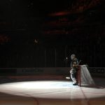 
              Vegas Golden Knights goaltender Robin Lehner is introduced before the team's NHL hockey game against the Vancouver Canucks on Saturday, Nov. 13, 2021, in Las Vegas. (AP Photo/David Becker)
            