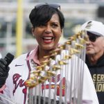 
              Atlanta Mayor Keisha Lance Bottoms speaks during a celebration at Truist Park, Friday, Nov. 5, 2021, in Atlanta. The Braves beat the Houston Astros 7-0 in Game 6 on Tuesday to win their first World Series MLB baseball title in 26 years. (AP Photo/John Bazemore)
            