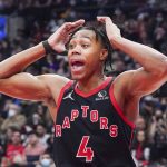 
              Toronto Raptors forward Scottie Barnes (4) reacts to a foul call in an NBA basketball game against the Cleveland Cavaliers during second-half action in Toronto, Friday, Nov. 5, 2021. (Evan Buhler/The Canadian Press via AP)
            