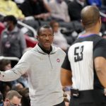 
              Detroit Pistons head coach Dwane Casey disputes a call with referee John Butler (53) during the first half of an NBA basketball game against the Milwaukee Bucks, Tuesday, Nov. 2, 2021, in Detroit. (AP Photo/Carlos Osorio)
            