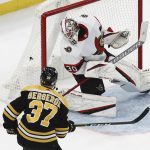 
              Boston Bruins' Patrice Bergeron scores on Ottawa Senators goaltender Matt Murray during the second period of an NHL hockey game Tuesday, Nov. 9, 2021, in Boston. (AP Photo/Winslow Townson)
            