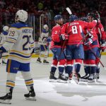 
              Washington Capitals left wing Alex Ovechkin (8) celebrates his goal with teammates in the second period of an NHL hockey game against the Buffalo Sabres, Monday, Nov. 8, 2021, in Washington. (AP Photo/Patrick Semansky)
            