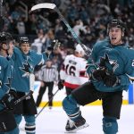 
              San Jose Sharks right wing Timo Meier (28) celebrates after scoring a goal against the Ottawa Senators during the third period of an NHL hockey game Wednesday, Nov. 24, 2021, in San Jose, Calif. (AP Photo/Tony Avelar)
            