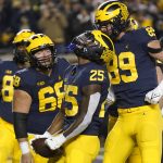 
              Michigan running back Hassan Haskins (25) reacts after scoring a touchdown during the first half of an NCAA college football game against Indiana, Saturday, Nov. 6, 2021, in Ann Arbor, Mich. (AP Photo/Carlos Osorio)
            