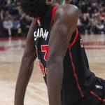 
              Toronto Raptors' Pascal Siakam reacts after a wayward pass surrendered possession to the Boston Celtics during the second half of an NBA basketball game Sunday, Nov. 28, 2021 in Toronto. (Chris Young/The Canadian Press via AP)
            
