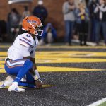 
              Florida quarterback Emory Jones sits in his end zone after an incomplete pass during the fourth quarter of an NCAA college football game against Missouri, Saturday, Nov. 20, 2021, in Columbia, Mo. (AP Photo/L.G. Patterson)
            