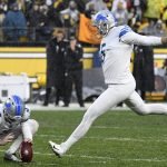 
              Detroit Lions kicker Ryan Santoso (5) attempts a 48-yard field goal during overtime of an NFL football game against the Pittsburgh Steelers in Pittsburgh, Sunday, Nov. 14, 2021. The kick was no good, and the game ended in a tie. (AP Photo/Don Wright)
            