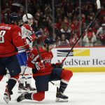 
              Washington Capitals center Nic Dowd, front right, celebrates his goal next to left wing Alex Ovechkin (8) during the first period of an NHL hockey game, as Montreal Canadiens defenseman Jeff Petry, center back, skates by, Wednesday, Nov. 24, 2021, in Washington. (AP Photo/Nick Wass)
            