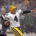 Green Bay quarterback Brett Favre throws downfield as he runs out of the backfield away from Seahawks Bryce Fisher during the first half of the NFL game on Monday Night Football November 27, 2006 at Qwest Field in Seattle, Washington. (Photo by Kevin Casey/NFLPhotoLibrary)