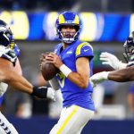 INGLEWOOD, CALIFORNIA - DECEMBER 21: Matthew Stafford #9 of the Los Angeles Rams looks to pass the ball in the first quarter of the game against the Seattle Seahawks at SoFi Stadium on December 21, 2021 in Inglewood, California. (Photo by Ronald Martinez/Getty Images)