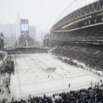 SEATTLE, WASHINGTON - DECEMBER 26: Lumen Field is blanketed with snow during the first quarter between the Seattle Seahawks and Chicago Bears on December 26, 2021 in Seattle, Washington. (Photo by Steph Chambers/Getty Images)