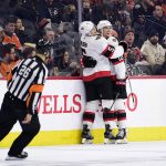 
              Ottawa Senators' Alex Formenton, right, celebrates his goal with Nick Holden during the second period of an NHL hockey game against the Philadelphia Flyers, Saturday, Dec. 18, 2021, in Philadelphia. (AP Photo/Derik Hamilton)
            