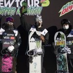 
              Enni Rukajarvi, from left, of Finland, who placed second, Zoi Sadowski-Synnott, of New Zealand, first place, and Kokomo Murase, of Japan, placing third, stand on the podium following the slopestyle finals, Saturday, Dec. 18, 2021, during the Dew Tour snowboarding event at Copper Mountain, Colo. (AP Photo/Hugh Carey)
            