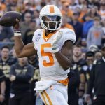 
              Tennessee quarterback Hendon Hooker passes against Purdue in the first half of the Music City Bowl NCAA college football game Thursday, Dec. 30, 2019, in Nashville, Tenn. (AP Photo/Mark Humphrey)
            