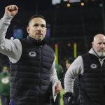 
              Green Bay Packers head coach Matt LaFleur celebrates after an NFL football game against the Cleveland Browns Saturday, Dec. 25, 2021, in Green Bay, Wis. The Packers won 24-22. (AP Photo/Aaron Gash)
            