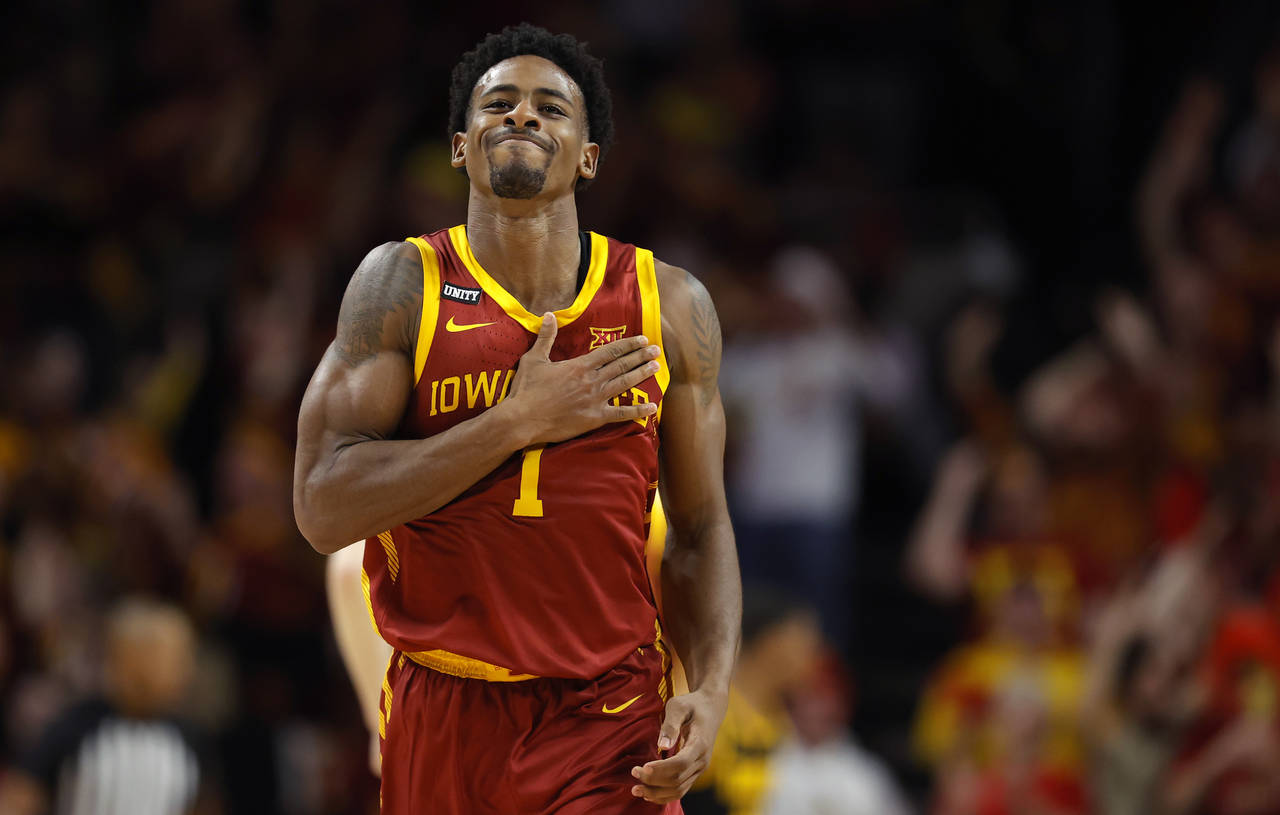 Iowa State guard Izaiah Brockington (1) celebrates after a 3-point basket during the first half of ...