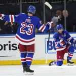 
              New York Rangers center Ryan Strome (16) and defenseman Adam Fox (23) celebrate Strome's goal during the second period of the team's NHL hockey game against the Chicago Blackhawks, Saturday, Dec. 4, 2021, at Madison Square Garden in New York. (AP Photo/Mary Altaffer)
            