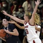 
              North Carolina State center Elissa Cunane, front right, pressures Saint Mary's forward Ali Bamberger, left, during the first half of an NCAA college basketball game in Raleigh, N.C., Sunday, Dec. 12, 2021. (AP Photo/Gerry Broome)
            