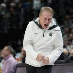 
              Michigan State head coach Tom Izzo reacts after receiving a technical during the second half of an NCAA college basketball game against Oakland , Tuesday, Dec. 21, 2021, in Detroit. (AP Photo/Carlos Osorio)
            