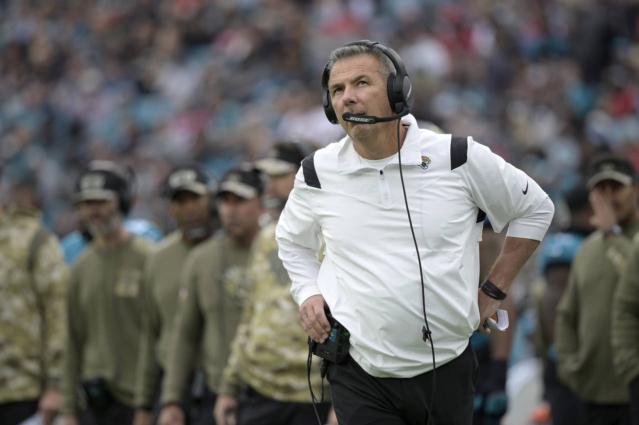 FILE - Jacksonville Jaguars head coach Urban Meyer watches from the sideline during the first half ...