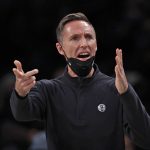 
              Brooklyn Nets head coach Steve Nash reacts to a call during the second half of an NBA basketball game against the Toronto Raptors on Tuesday, Dec. 14, 2021, in New York. The Nets won 131-129 in overtime. (AP Photo/Adam Hunger)
            