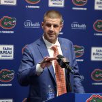 
              Florida head football coach Billy Napier speaks to the media during his introductory NCAA college football news conference at Ben Hill Griffin Stadium in Gainesville, Fla., Sunday, Dec. 5, 2021. (Brad McClenny/The Gainesville Sun via AP)
            