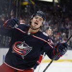
              Columbus Blue Jackets' Cole Sillinger celebrates his goal against the San Jose Sharks during the second period of an NHL hockey game Sunday, Dec. 5, 2021, in Columbus, Ohio. (AP Photo/Jay LaPrete)
            