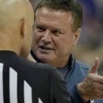 
              Kansas head coach Bill Self talks to an official during the second half of an NCAA college basketball game against UTEP Tuesday, Dec. 7, 2021, in Kansas City, Mo. (AP Photo/Charlie Riedel)
            
