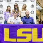
              St. Thomas More High School quarterback, Walker Howard announces his intentions to attend LSU and play NCAA college football during a signing ceremony at St. Thomas More High School, Wednesday, Dec. 15, 2021, in Lafayette, La.  (Scott Clause/The Daily Advertiser via AP)
            