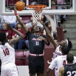 
              Jacksonville State guard/forward Kayne Henry (11) lays up a shot past Alabama guard Keon Ellis (14) during the first half of an NCAA college basketball game, Saturday, Dec. 18, 2021, in Tuscaloosa, Ala. (AP Photo/Vasha Hunt)
            