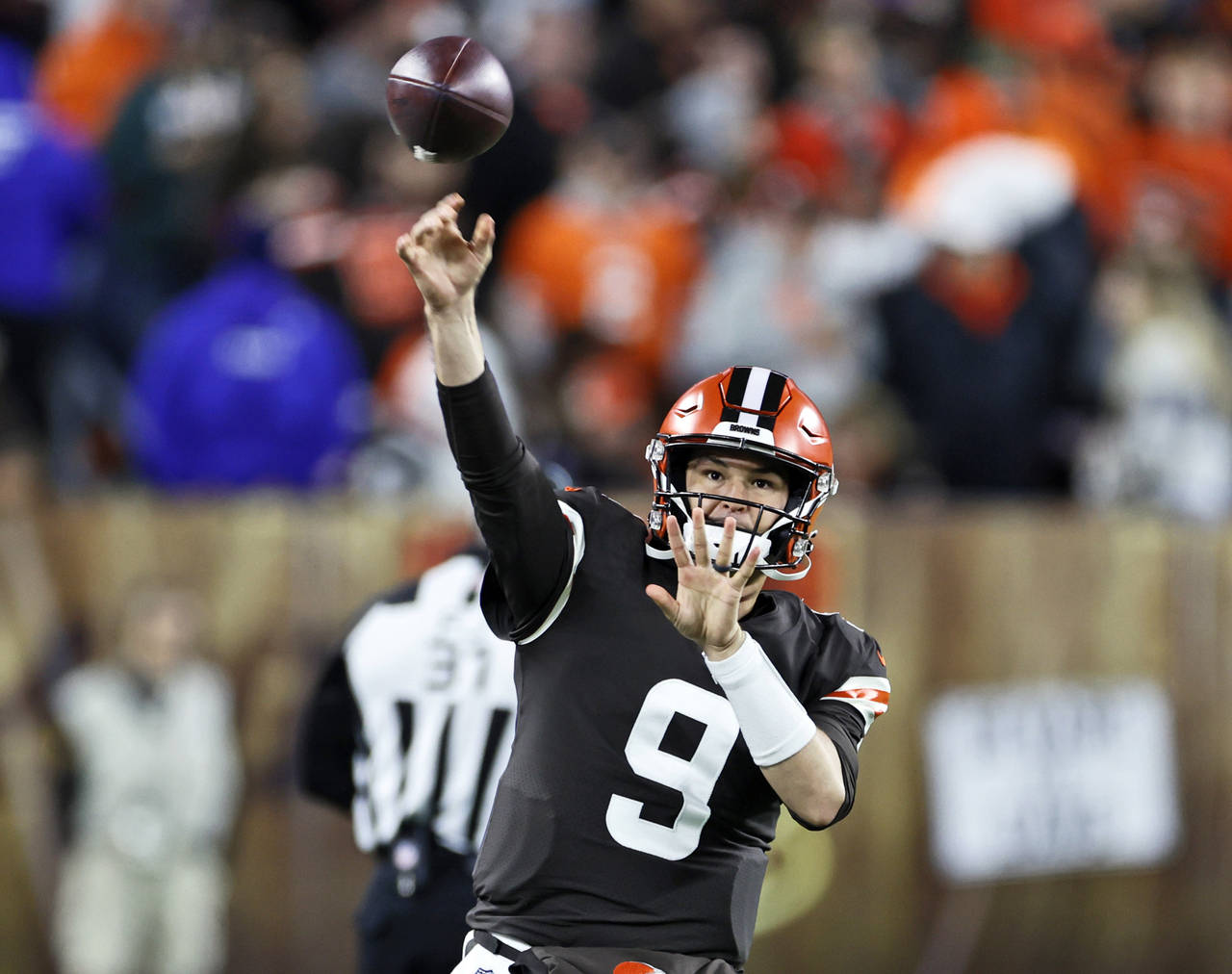 FILE - Cleveland Browns quarterback Nick Mullens throws during the first half of an NFL football ga...