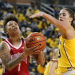 
              Ohio State guard Rikki Harris (1) attempts a layup as Michigan forward Emily Kiser (33) defends during the second half of an NCAA college basketball game, Friday, Dec. 31, 2021, in Ann Arbor, Mich. (AP Photo/Carlos Osorio)
            