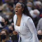 
              Notre Dame head coach Niele Ivey reacts in the first half of an NCAA college basketball game against Connecticut, Sunday, Dec. 5, 2021, in Storrs, Conn. (AP Photo/Jessica Hill)
            