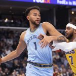 
              Memphis Grizzlies forward Kyle Anderson (1) is defended by Los Angeles Lakers forward Carmelo Anthony (7) during the first half of an NBA basketball game Thursday, Dec. 9, 2021, in Memphis, Tenn. (AP Photo/Nikki Boertman)
            