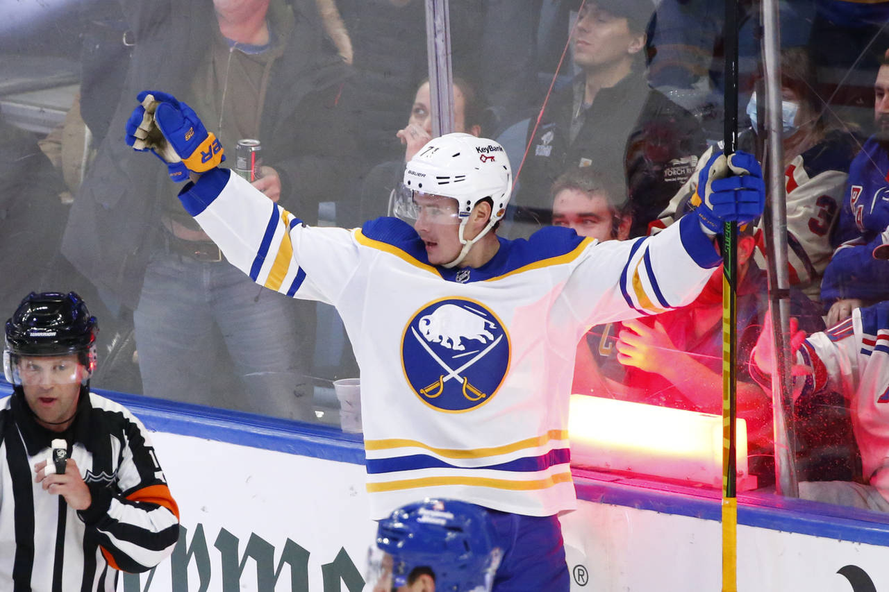Buffalo Sabres right wing Victor Olofsson (71) celebrates after his goal which was later waved off ...