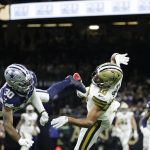 
              Dallas Cowboys cornerback Anthony Brown (30) defends against a pass to New Orleans Saints wide receiver Tre'Quan Smith (10) during the first half of an NFL football game, Thursday, Dec. 2, 2021, in New Orleans. (AP Photo/Derick Hingle)
            