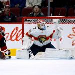 
              Arizona Coyotes right wing Clayton Keller (9) has his shot go wide of Florida Panthers goaltender Sergei Bobrovsky (72) during the second period of an NHL hockey game Friday, Dec. 10, 2021, in Glendale, Ariz. (AP Photo/Ross D. Franklin)
            