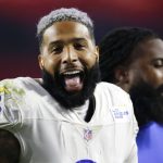 
              Los Angeles Rams wide receiver Odell Beckham Jr. celebrates a win over the Arizona Cardinals after an NFL football game Monday, Dec. 13, 2021, in Glendale, Ariz. (AP Photo/Ralph Freso)
            